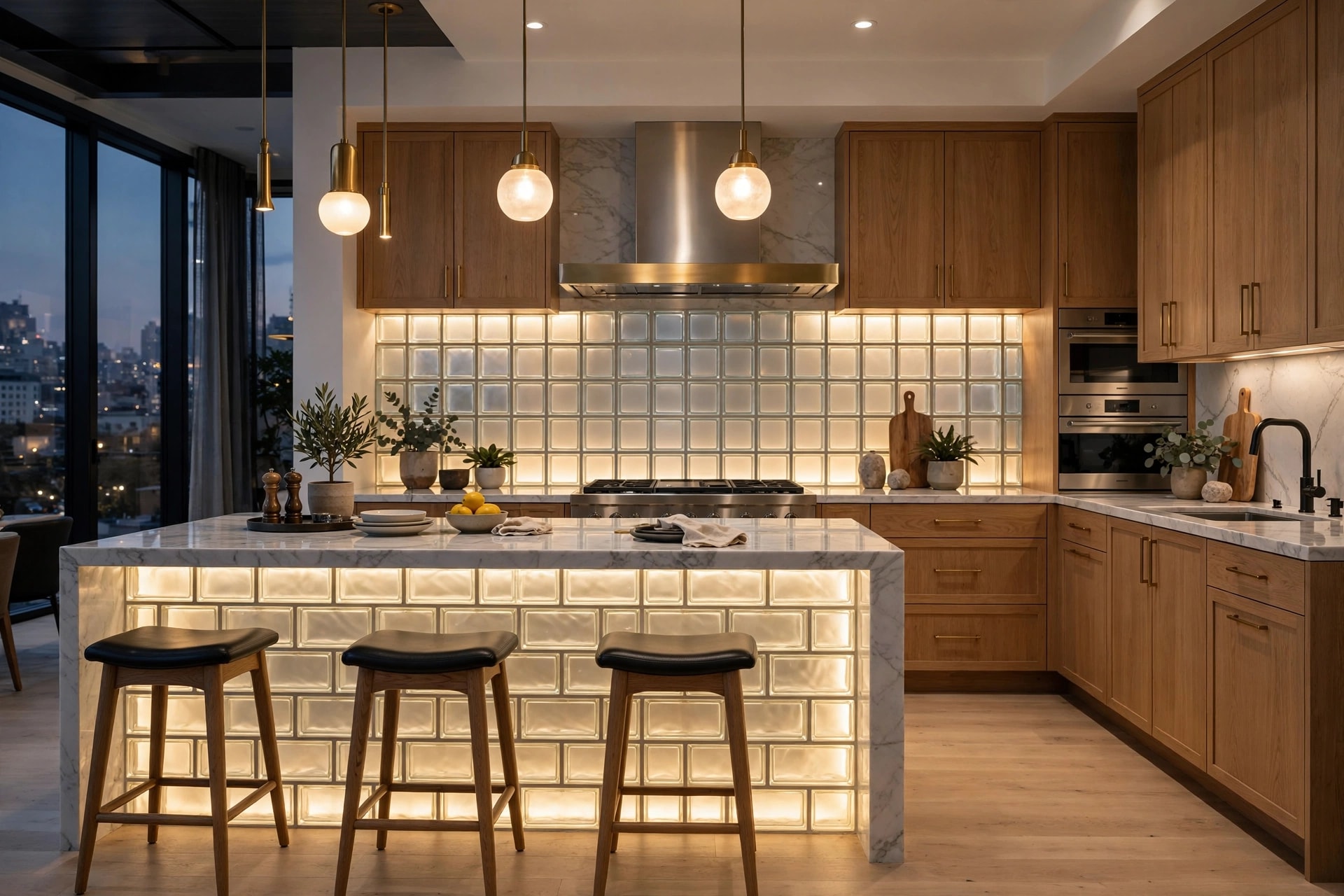 A WEDECOR4U kitchen in New Delhi: a backlit glass-block island under marble, with rift-oak cabinetry and brass pendants