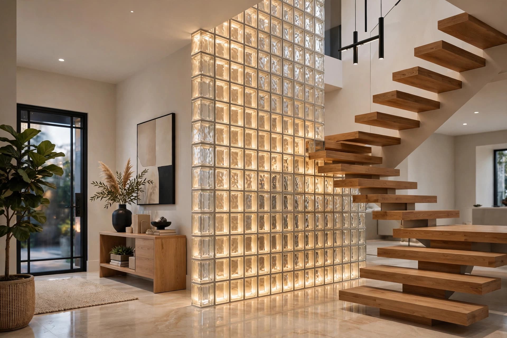 A WEDECOR4U entrance hall with a backlit double-height glass-block wall and a cantilevered solid-oak staircase